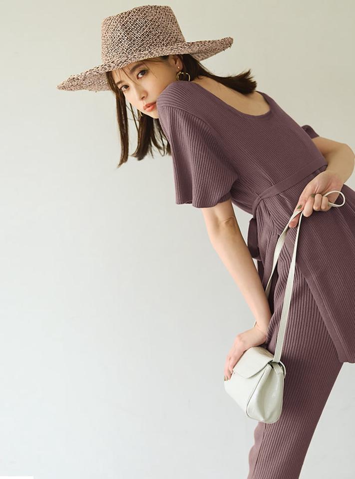 リボンベルト付きニットXパンツセットアップ