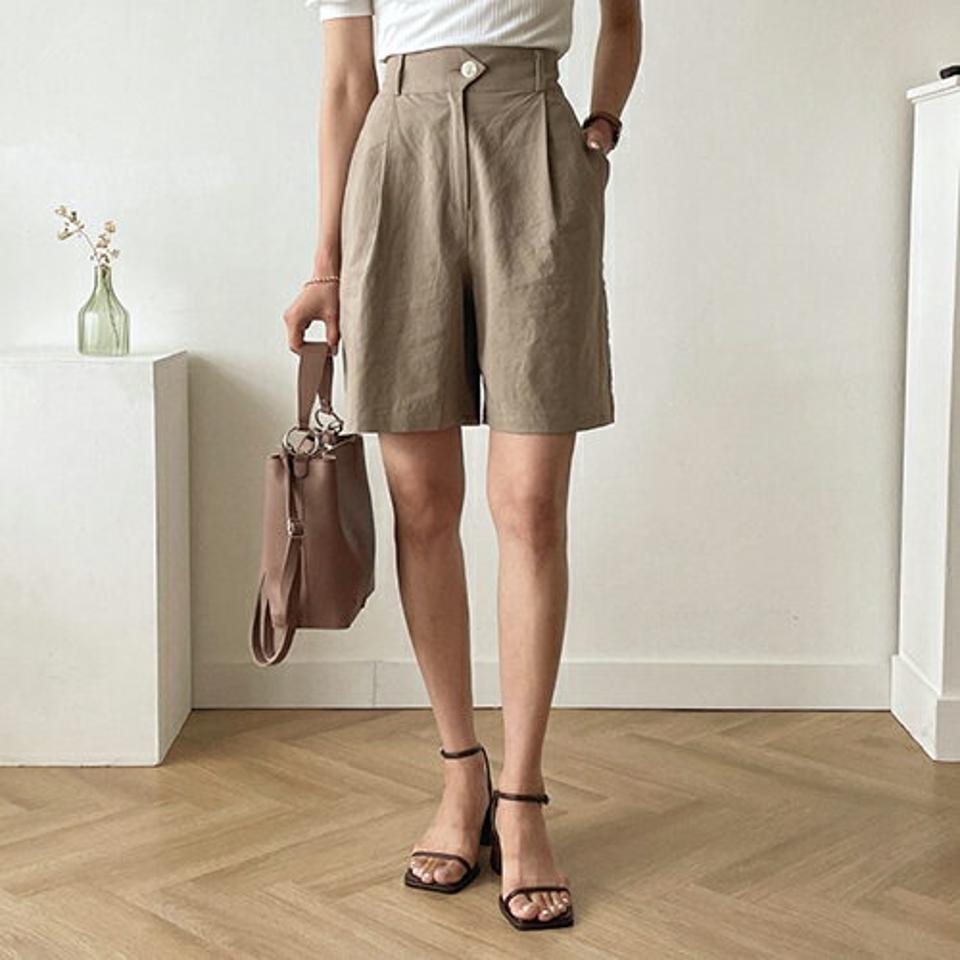 リネン混ハーフパンツ・全4色・t57837 レディース 【pt】韓国ファッション ボトムス ハーフ ハーフパンツ リネン 美脚 ワンタック ストレート ワイド 細身 ハイウエスト 足長 オフィスカジュアル バミューダパンツ 夏 春