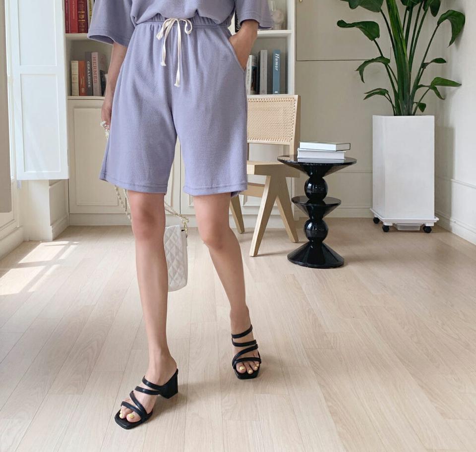 ワッフルハーフパンツ・全5色・n64393 レディース 【pt】韓国 ファッション ボトムス ハーフ ハーフパンツ ストレート ワッフル ゴム ストリング ルーズ ゆったり 美脚 ワイド 体型カーバー 細身 足長 夏 春