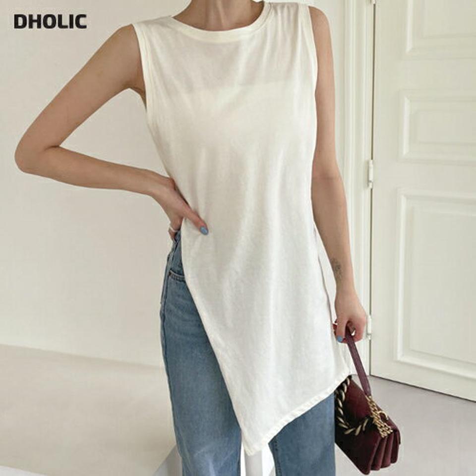 アンバランススリットスリーブレス・全4色・t62548 レディース 【tops】韓国 ファッション トップス Tシャツ アンバランス ユニーク スリーブレス 着痩せ 華奢見 ラウンドネック ノースリーブ スリット ロングTシャツ 体型カーバー 細身 フェミニン 夏 春