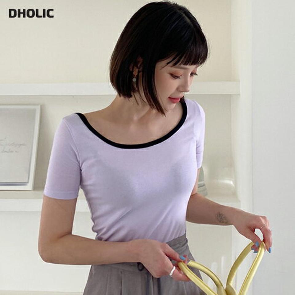 配色リボンクロップドTシャツ・全4色・b62549 レディース 【tops】韓国 ファッション トップス Tシャツ 半袖 デイリー Uネック 配色 スリム フィット タイト バックリボン クロップド丈 リボン 体型カーバー 細身 フェミニン 夏 春