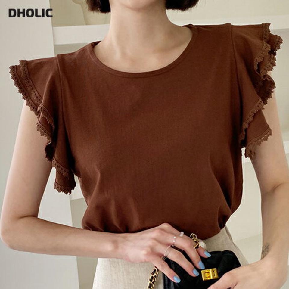 フラワーレーススリーブTシャツ・全2色・b62550 レディース 【tops】韓国 ファッション トップス Tシャツ 半袖 デイリー 花柄 フラワー レース ラブリー ラウンドネック ショートスリーブ 体型カーバー 細身 フレンチスリーブ 着痩せ 華奢見 夏 春