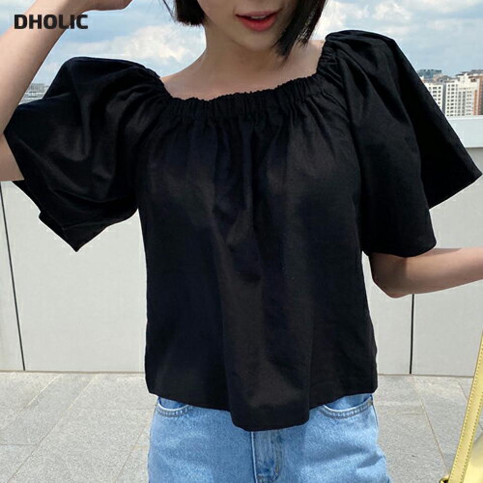 2WAYリネン混ブラウス・全2色・t62571 レディース 【bl】韓国 ファッション トップス ブラウス 半袖 2WAY リネン ゴム オフショル フレア クロップド丈 デコルテ フェミニン 上品 カジュアル 夏 春