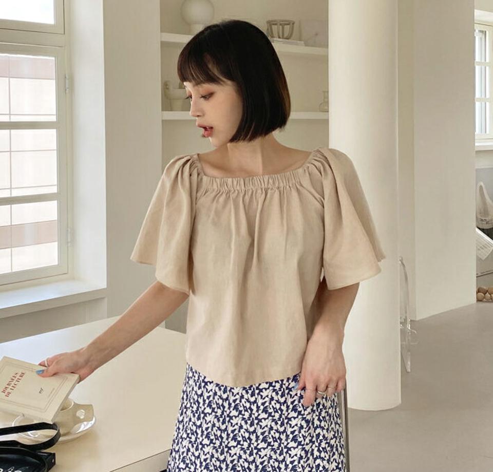 2WAYリネン混ブラウス・全2色・t62571 レディース 【bl】韓国 ファッション トップス ブラウス 半袖 2WAY リネン ゴム オフショル フレア クロップド丈 デコルテ フェミニン 上品 カジュアル 夏 春