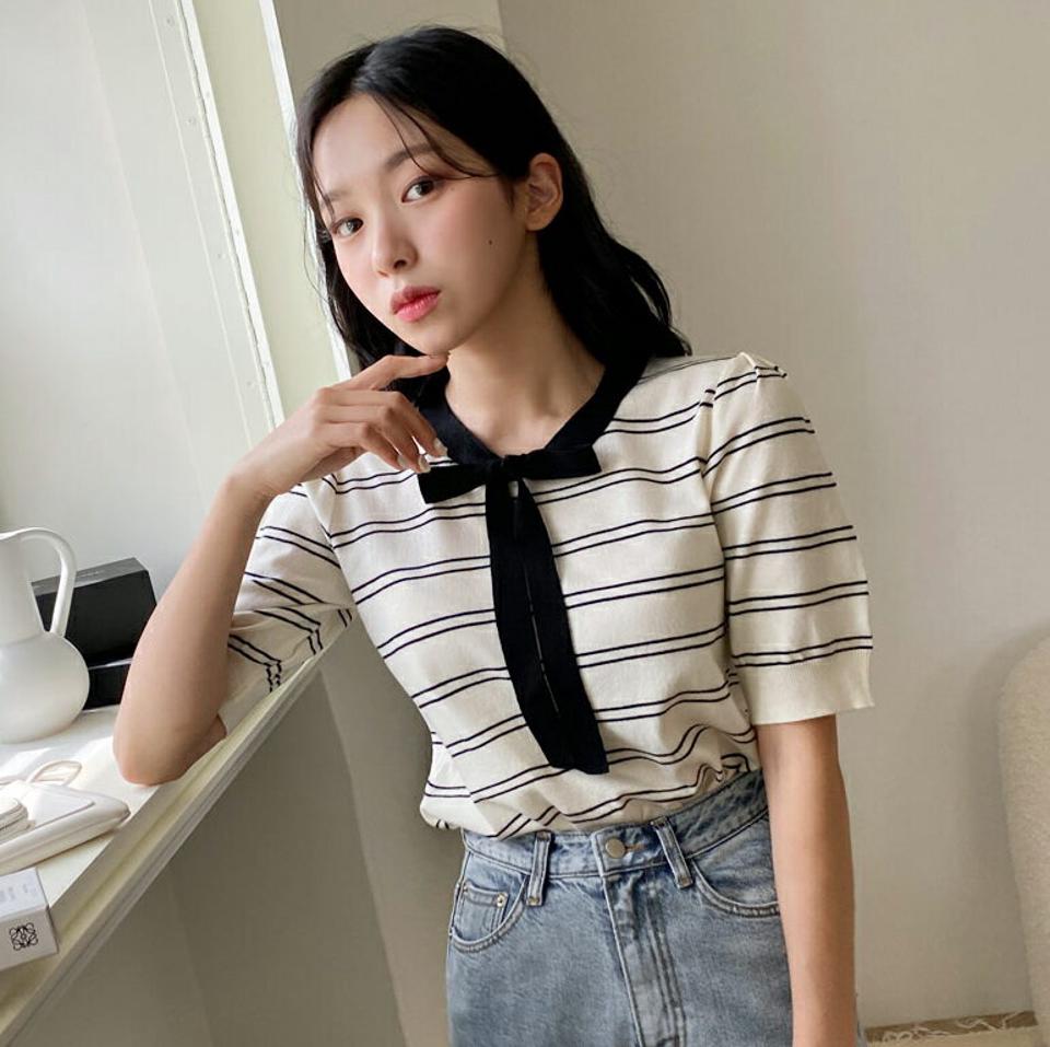 ボーダーリボンネックニット・全3色・b00384 レディース 【tops】韓国 ファッション トップス ニット 半袖 カジュアル かわいい ベーシック 配色 ボーダー ラウンドネック リボン 細身 体型カーバー ガーリー デイリー 春 夏 NIJU