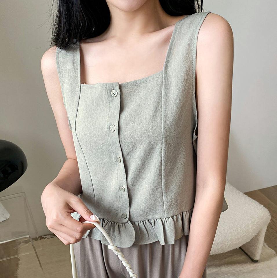 フリルスクエアスリーブレス・全3色・t00390 レディース 【tops】韓国 ファッション トップス スリーブレス ノースリーブ スクエアネック フリル フィット タイト スリム フェミニン 体型カーバー ガーリー デコルテ 春 夏 NIJU