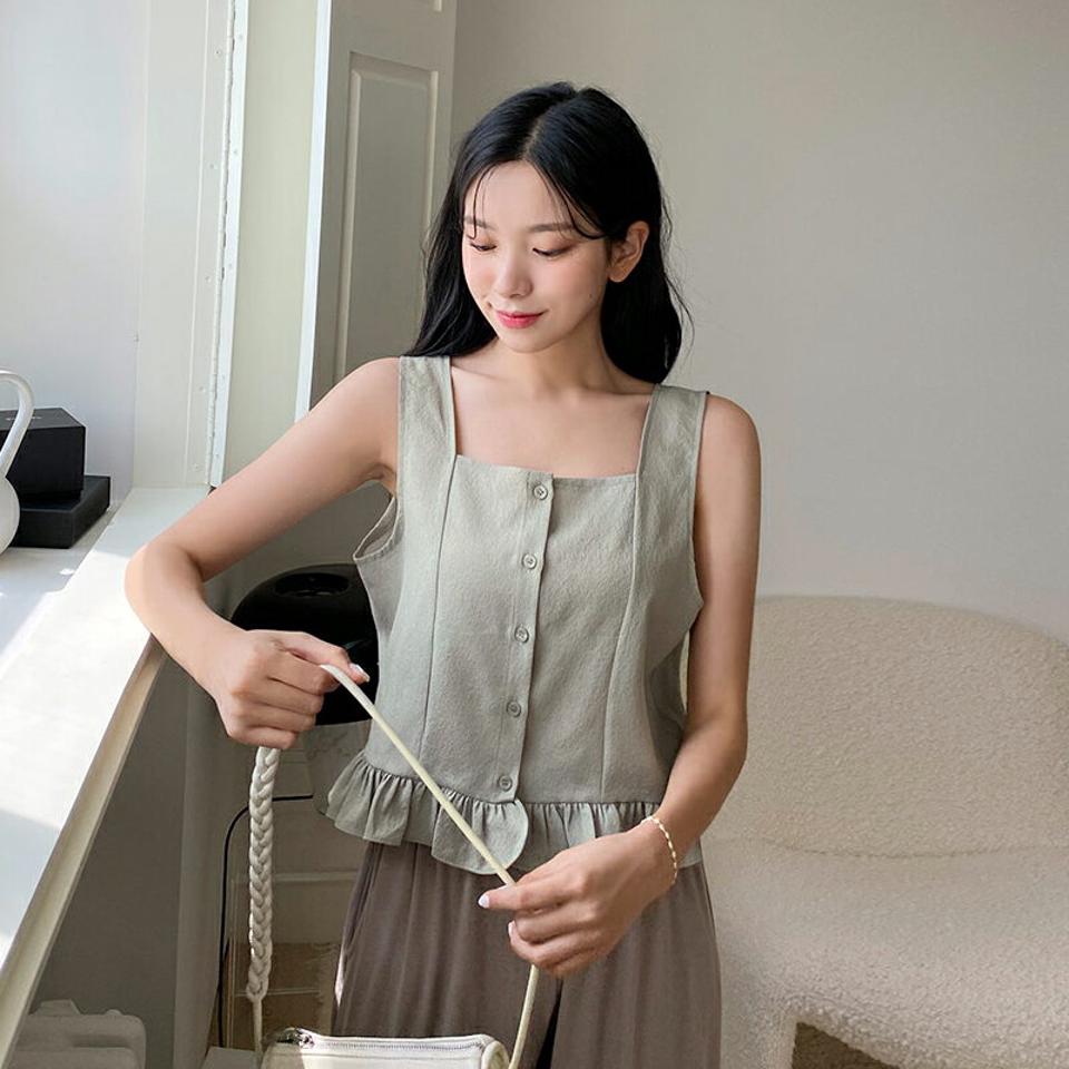 フリルスクエアスリーブレス・全3色・t00390 レディース 【tops】韓国 ファッション トップス スリーブレス ノースリーブ スクエアネック フリル フィット タイト スリム フェミニン 体型カーバー ガーリー デコルテ 春 夏 NIJU