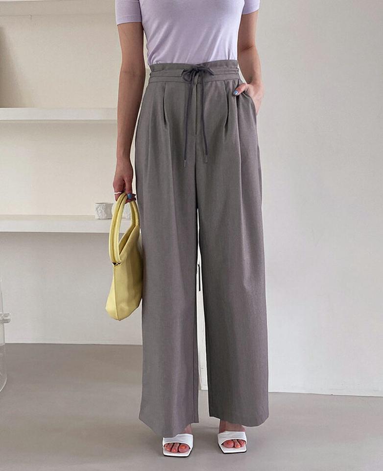 ツータックワイドドロストパンツ・全3色・t62561 レディース 【pt】韓国 ファッション ボトムス ロング ロングパンツ ストリング ストレート ツータック ストレート 美脚 ワイド 体型カーバー 細身 足長 夏 春