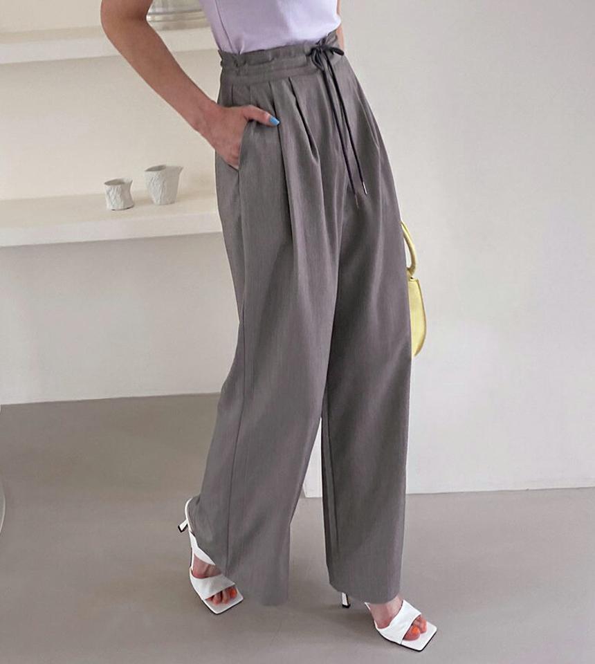 ツータックワイドドロストパンツ・全3色・t62561 レディース 【pt】韓国 ファッション ボトムス ロング ロングパンツ ストリング ストレート ツータック ストレート 美脚 ワイド 体型カーバー 細身 足長 夏 春