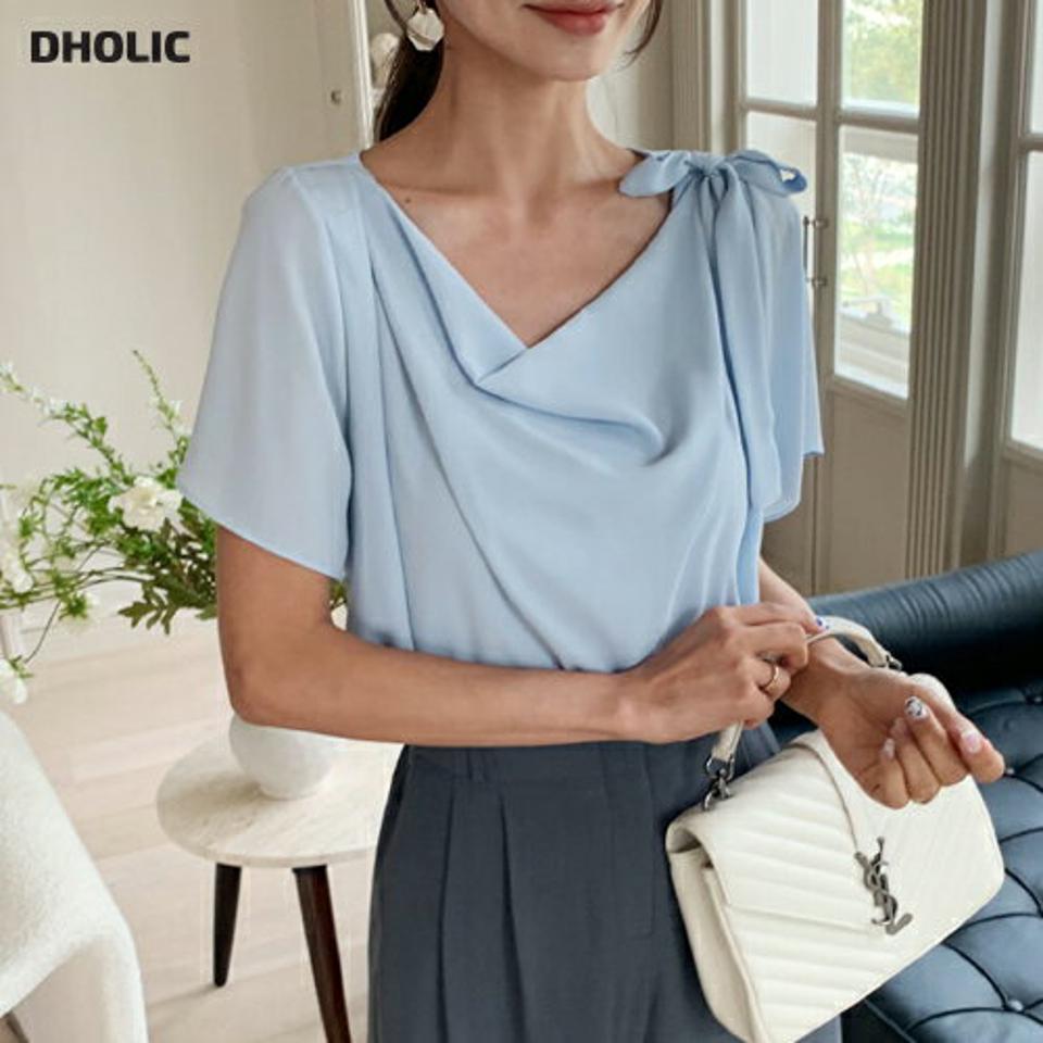 ドレープネックリボンブラウス・全3色・b64376 レディース 【bl】韓国 ファッション トップス ブラウス 半袖 Vネック シフォン リボン シャーリング デコルテ フェミニン 上品 カジュアル 夏 春