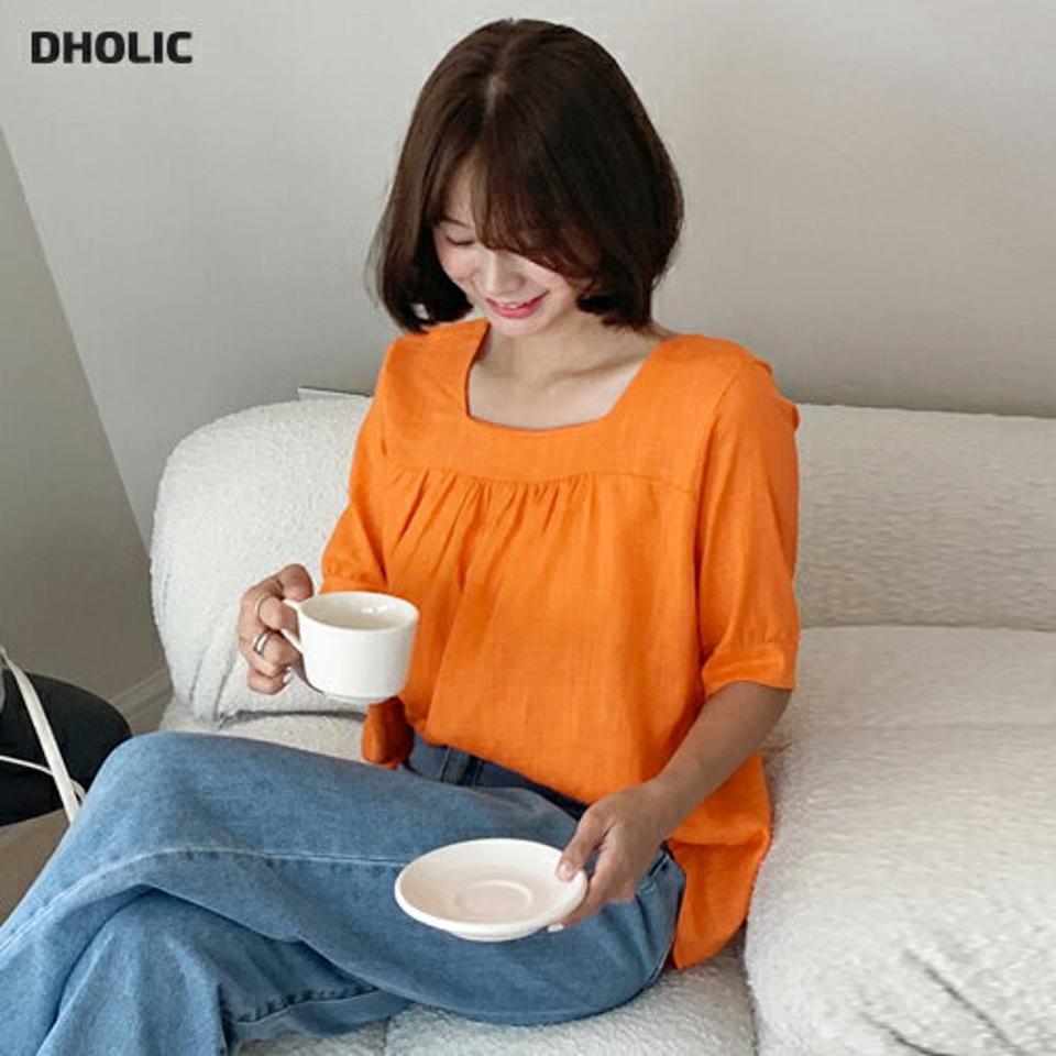 リネン混スクエアブラウス・全4色・t64377 レディース 【bl】韓国 ファッション トップス ブラウス 半袖 スクエアネック デコルテ リネン リボン ギャザー フェミニン 上品 カジュアル 夏 春