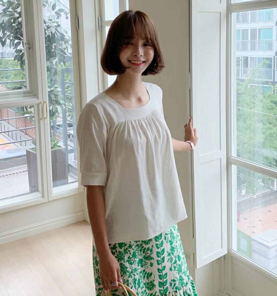 リネン混スクエアブラウス・全4色・t64377 レディース 【bl】韓国 ファッション トップス ブラウス 半袖 スクエアネック デコルテ リネン リボン ギャザー フェミニン 上品 カジュアル 夏 春