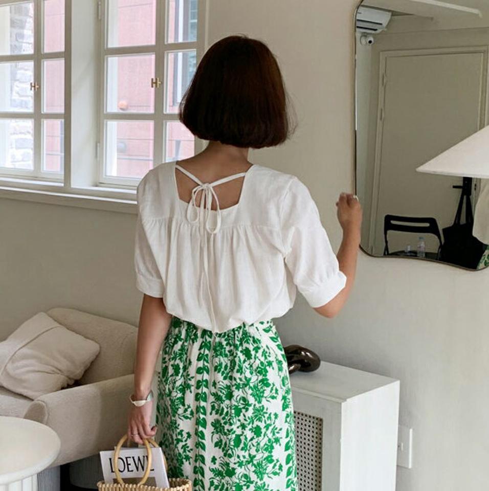 リネン混スクエアブラウス・全4色・t64377 レディース 【bl】韓国 ファッション トップス ブラウス 半袖 スクエアネック デコルテ リネン リボン ギャザー フェミニン 上品 カジュアル 夏 春