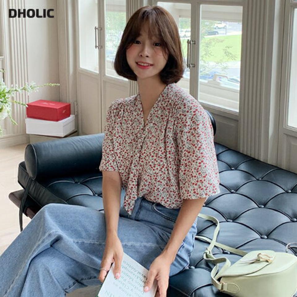 フローラルボウタイタイブラウス・全4色・t64378 レディース 【bl】韓国 ファッション トップス ブラウス 半袖 花柄 フラワー パターン Vネック フェミニン 上品 カジュアル シフォン 夏 春