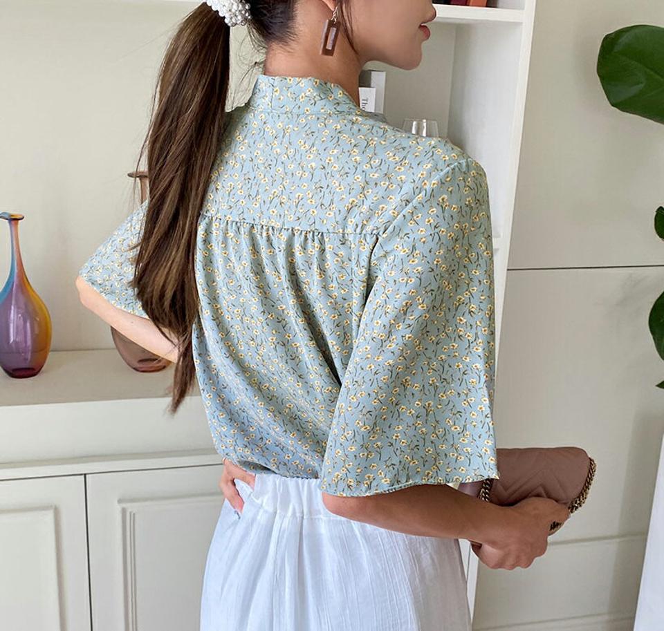 フローラルボウタイタイブラウス・全4色・t64378 レディース 【bl】韓国 ファッション トップス ブラウス 半袖 花柄 フラワー パターン Vネック フェミニン 上品 カジュアル シフォン 夏 春