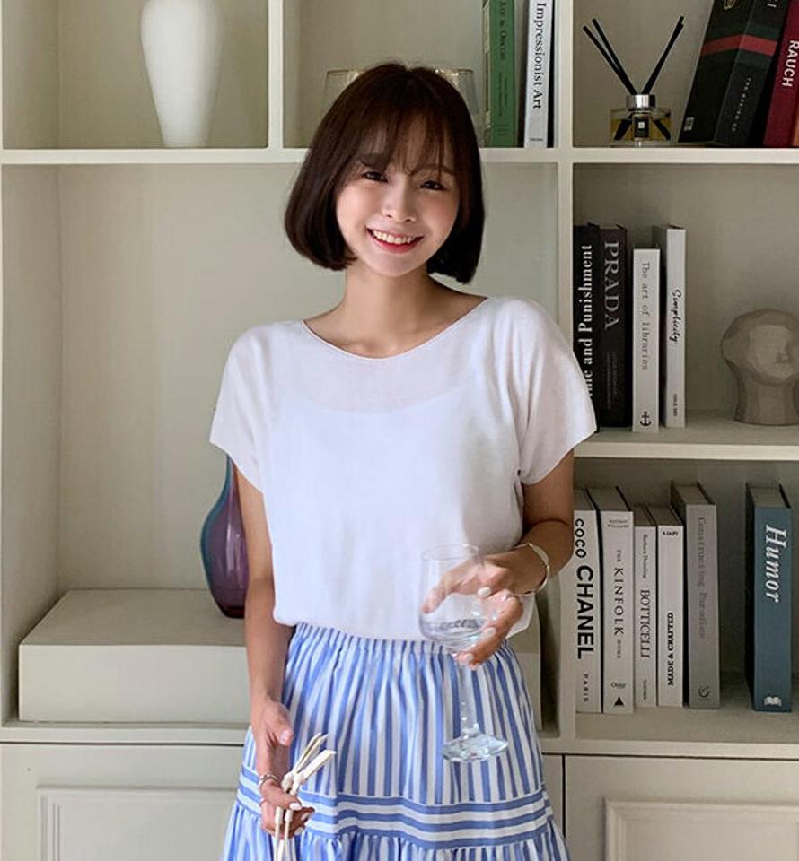 ボートネックニット・全3色・b64379 レディース 【tops】韓国 ファッション トップス ニット 半袖 ショートスリーブ ボートネック 着痩せ 華奢見 フレンチスリーブ スリム 体型カーバー 細身 フェミニン 夏 春
