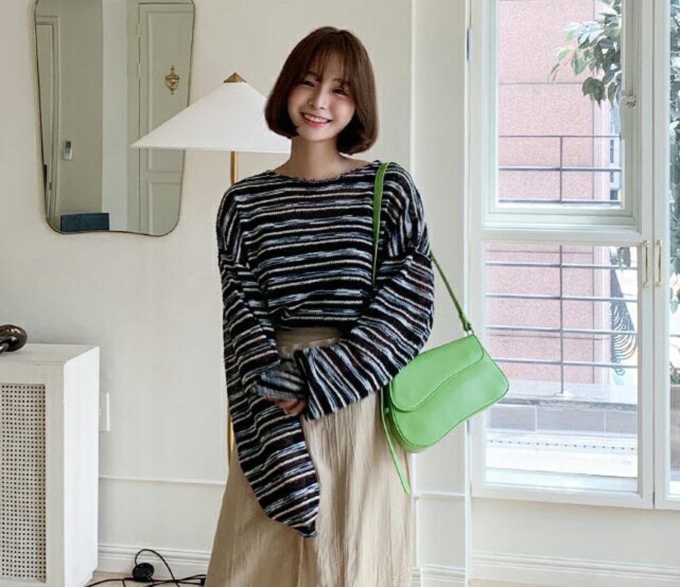 ボーダールーズTシャツ・全2色・n64380 レディース 【tops】韓国ファッション トップス Tシャツ 長袖 デイリー カジュアル ボーダー パターン ルーズ ゆったり ラウンドネック 体型カーバー 細身 夏 春