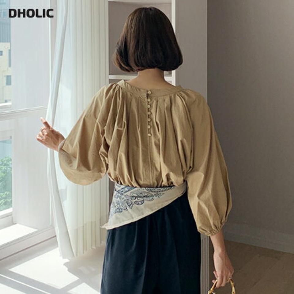 【新作10%OFF】2WAYボタンブラウス・全2色・b64382 レディース 【bl】韓国 ファッション トップス ブラウス 長袖 ラウンドネック ハーフボタン 2WAY ゴム バルーン フェミニン 上品 カジュアル 夏 春