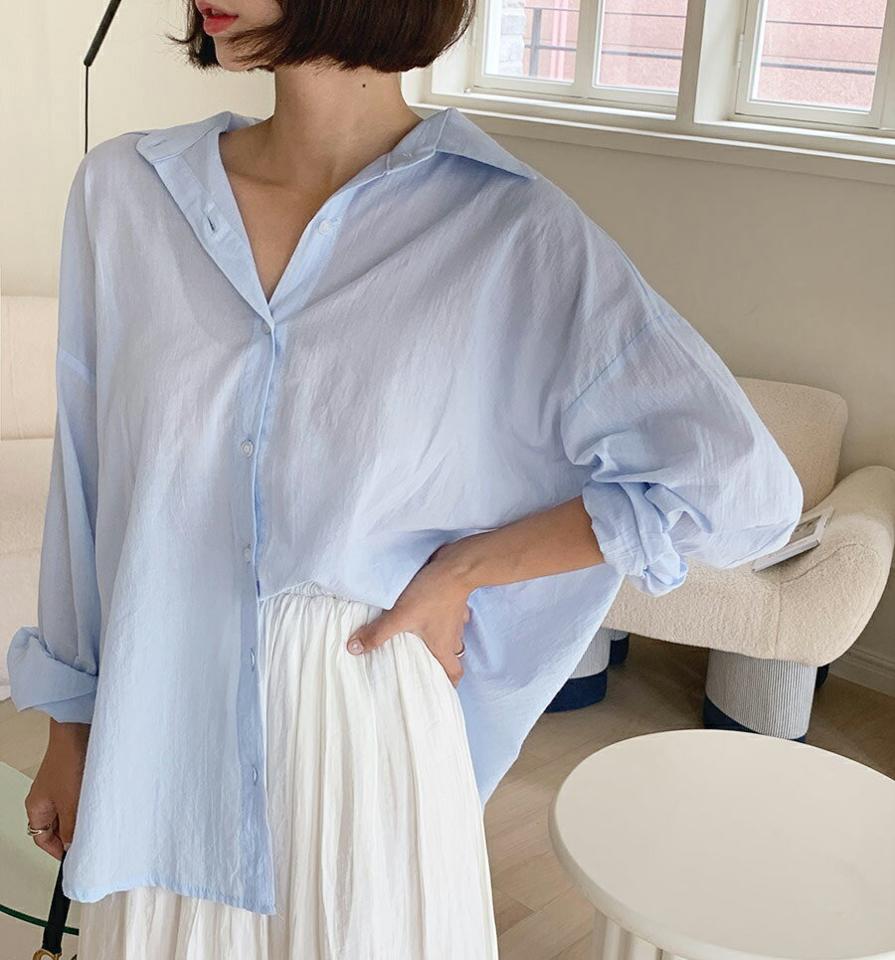 ルーズフィットカラーシャツ・全6色・t64383 レディース 【bl】韓国 ファッション トップス シャツ 長袖 ポロ襟 フェミニン 上品 カジュアル オフィスカジュアル 夏 春