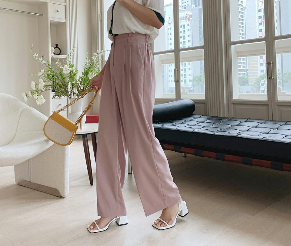 タックワイドスラックス・全5色・t64401 レディース 【pt】韓国 ファッション ボトムス ロング ロングパンツ ストレート スラックス ゴム 美脚 ワイド 10分丈 体型カーバー 細身 足長 ハイウエスト 夏 春