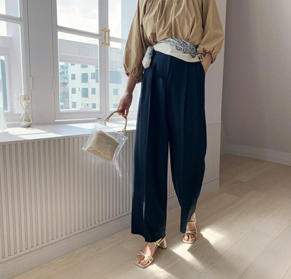 タックワイドスラックス・全5色・t64401 レディース 【pt】韓国 ファッション ボトムス ロング ロングパンツ ストレート スラックス ゴム 美脚 ワイド 10分丈 体型カーバー 細身 足長 ハイウエスト 夏 春