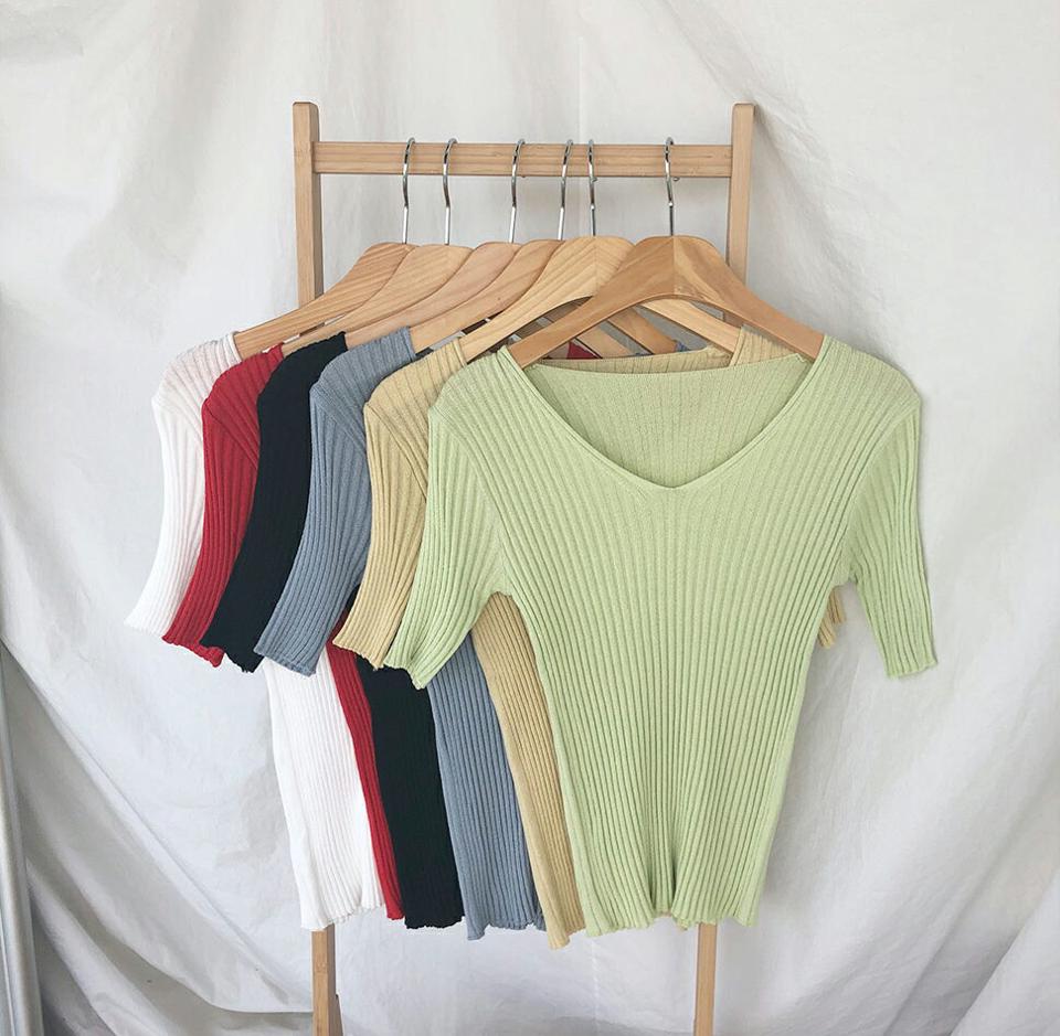 Vネックリブニット・全6色・t00145 レディース 【tops】トップス ニット 半袖 ハーフスリーブ リブ Vネック 単色 無地 シンプル カジュアル ラフ 春 夏 韓国 ファッション ハイホリHIHOLLI