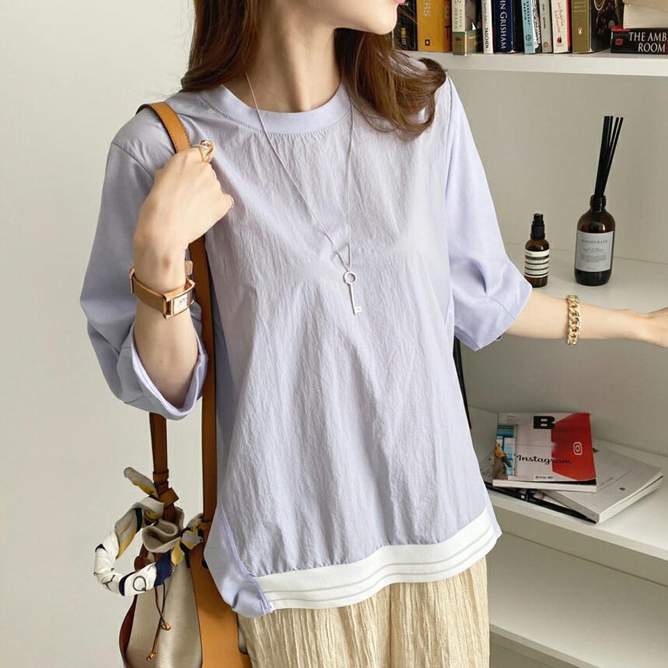 コントラストTシャツ・全3色・b00151 レディース 【tops】トップス Tシャツ 七分丈 七分袖 7分丈 7分袖 コントラスト 半端丈 シンプル カジュアル シアー ユニーク 春 秋 韓国 ファッション ハイホリHIHOLLI
