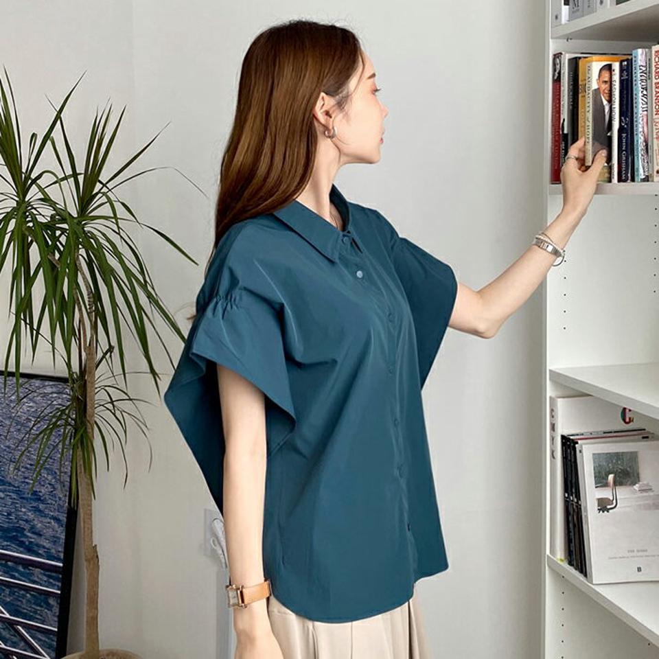 ショートスリーブカラーブラウス・全3色・b00146 レディース 【bl】トップス ブラウス 半袖 ショートスリーブ ギャザー 単色 無地 シンプル カジュアル ユニーク 華奢見せ 大人 春 夏 韓国 ファッション ハイホリHIHOLLI