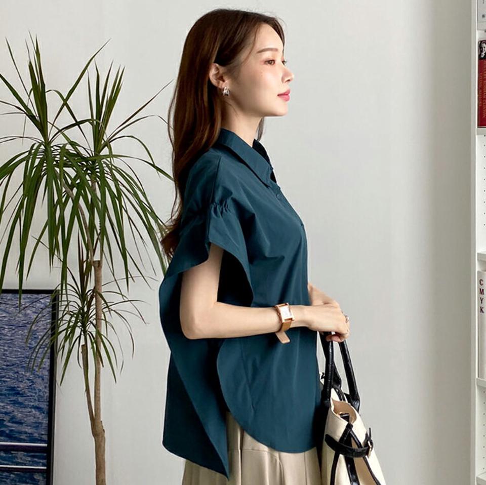 ショートスリーブカラーブラウス・全3色・b00146 レディース 【bl】トップス ブラウス 半袖 ショートスリーブ ギャザー 単色 無地 シンプル カジュアル ユニーク 華奢見せ 大人 春 夏 韓国 ファッション ハイホリHIHOLLI