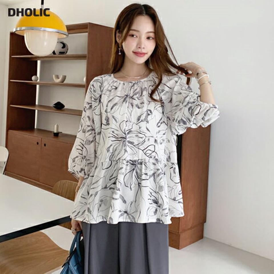 ラウンドルーズフレアブラウス・全3色・t00147 レディース 【bl】トップス ブラウス ルーズ 花柄 ギャザー ラグラン パフスリーブ パフ袖 フェミニン 上品 総柄 フレア 大人 シック 七分丈 七分袖 7分袖 7分丈 春 夏 韓国 ファッション ハイホリHIHOLLI