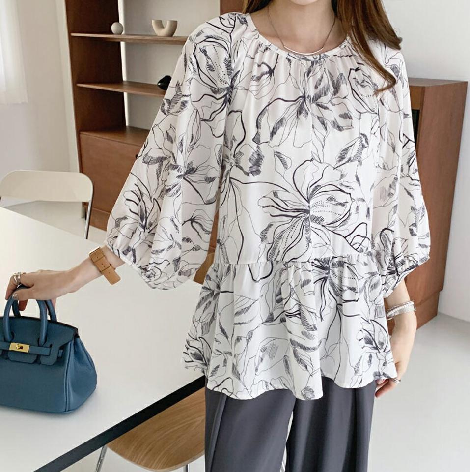 ラウンドルーズフレアブラウス・全3色・t00147 レディース 【bl】トップス ブラウス ルーズ 花柄 ギャザー ラグラン パフスリーブ パフ袖 フェミニン 上品 総柄 フレア 大人 シック 七分丈 七分袖 7分袖 7分丈 春 夏 韓国 ファッション ハイホリHIHOLLI