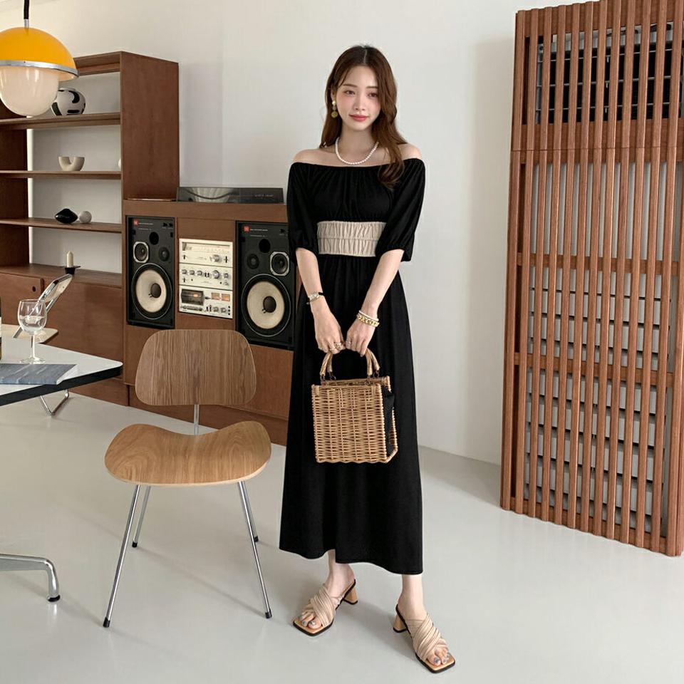 2WAY配色ワンピース・全2色・t00153 レディース 【ops】ワンピース ロング 半袖 ハーフスリーブ オフショルダー 肩だし シンプル カジュアル 大人 バイカラー 春 夏 韓国 ファッション ハイホリHIHOLLI