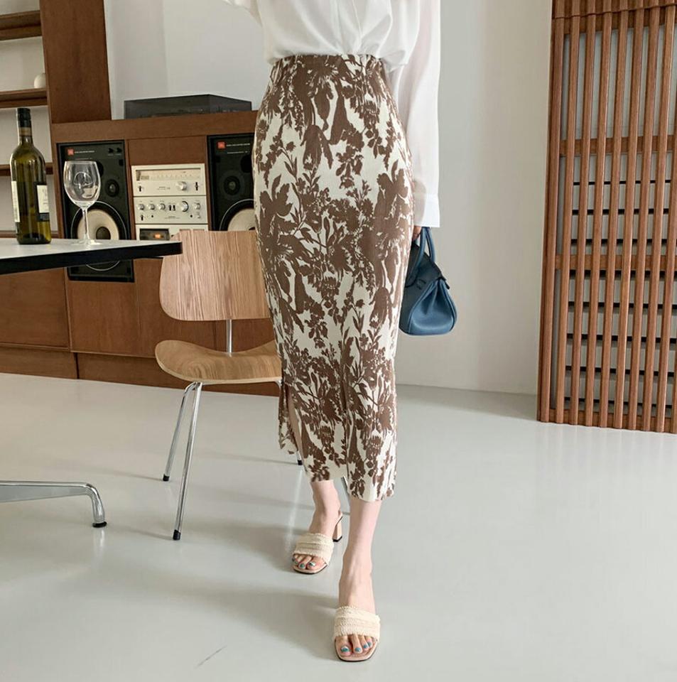 プリーツ花柄タイトスカート・全2色・b00161 レディース 【sk】スカート ロング スリット 花柄 プリーツ 上品 Hライン フェミニン 大人 春 夏 韓国 ファッション ハイホリHIHOLLI