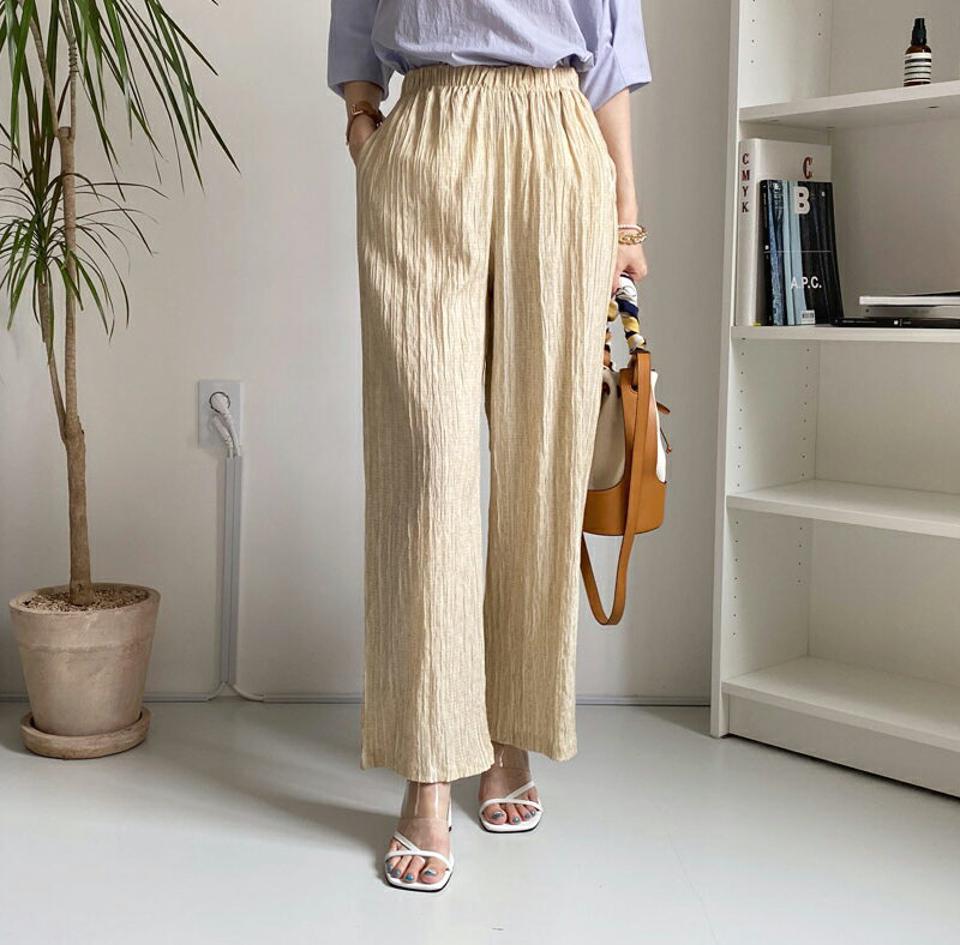 リンクルプリーツパンツ・全2色・t00164 レディース 【pt】パンツ ズボン ロングパンツ リンクル プリーツ ウエストゴム 大人 上品 ナチュラル シンプル カジュアル 春 夏 韓国 ファッション ハイホリHIHOLLI
