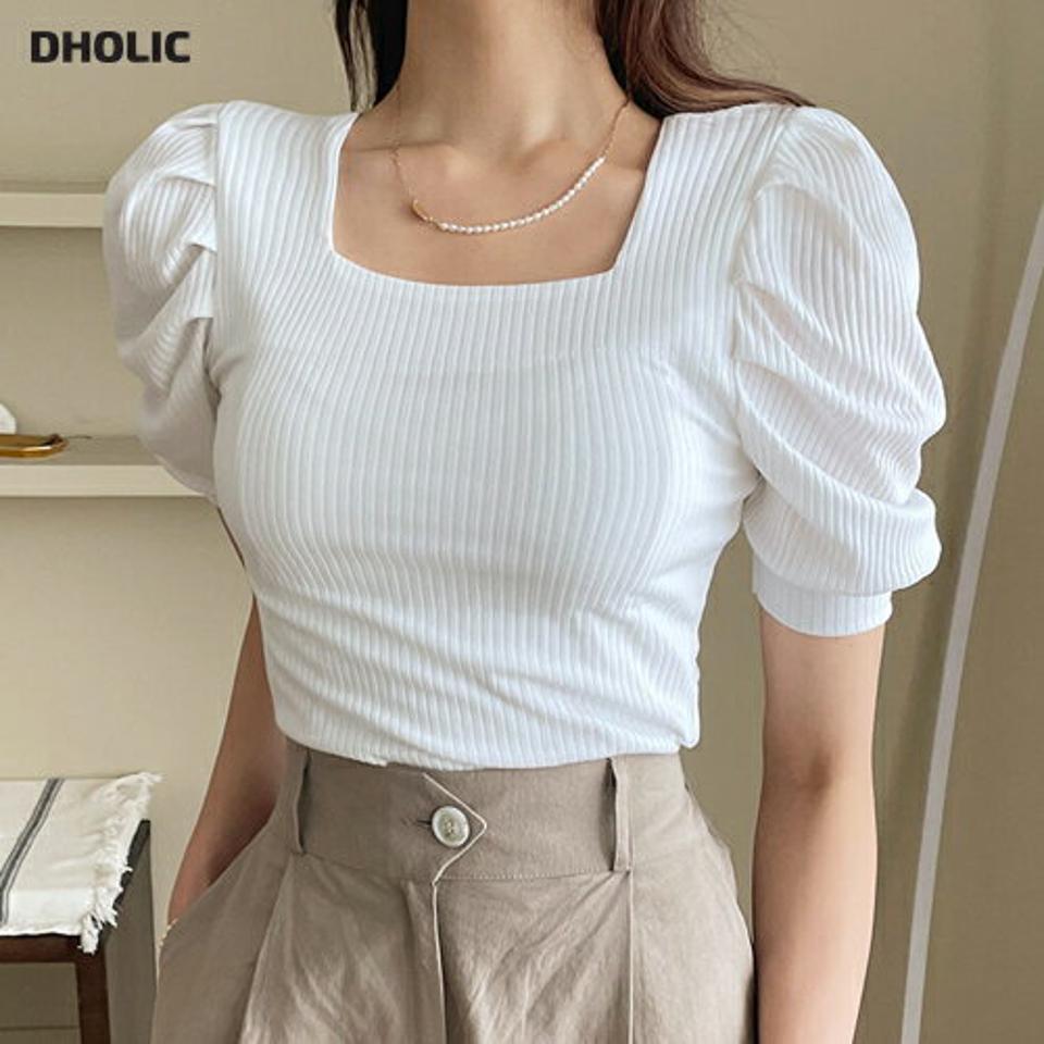 ≪人気商品再入荷≫リブスクエアパフTシャツ・全4色・t57819 レディース 【tops】韓国ファッション トップス Tシャツ 半袖 リブ スクエアネック パフスリーブ スリム メリハリ スリム フィット タイト 細身 フェミニン 夏 春222