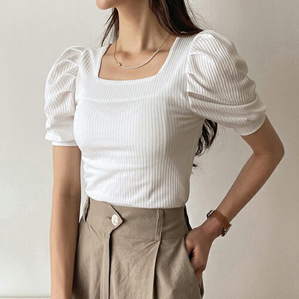 ≪人気商品再入荷≫リブスクエアパフTシャツ・全4色・t57819 レディース 【tops】韓国ファッション トップス Tシャツ 半袖 リブ スクエアネック パフスリーブ スリム メリハリ スリム フィット タイト 細身 フェミニン 夏 春222
