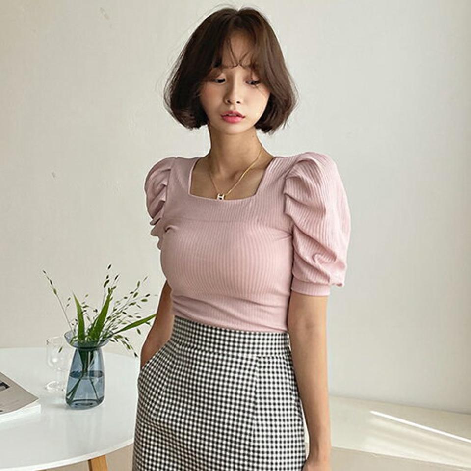 ≪人気商品再入荷≫リブスクエアパフTシャツ・全4色・t57819 レディース 【tops】韓国ファッション トップス Tシャツ 半袖 リブ スクエアネック パフスリーブ スリム メリハリ スリム フィット タイト 細身 フェミニン 夏 春222