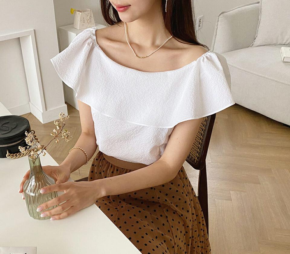 2TYPEフェミニンフリルブラウス・全4色・b57821 レディース 【bl】韓国 ファッション トップス ブラウス 半袖 大人 ガーリー ユニーク フリル ラブリー ショルダーゴム オフショル モダン フェミニン カジュアル 上品 夏 春