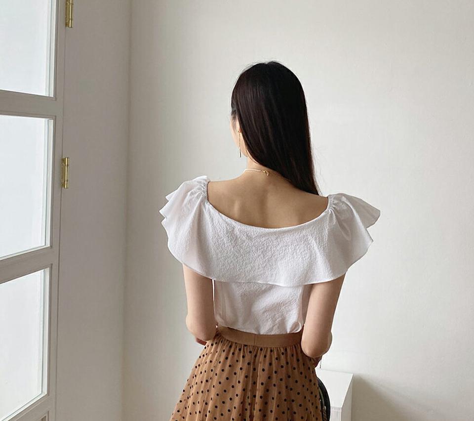 2TYPEフェミニンフリルブラウス・全4色・b57821 レディース 【bl】韓国 ファッション トップス ブラウス 半袖 大人 ガーリー ユニーク フリル ラブリー ショルダーゴム オフショル モダン フェミニン カジュアル 上品 夏 春