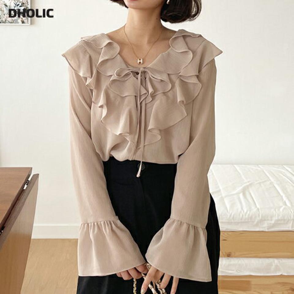 即日配送 レースアップフリルブラウス・全3色・b57843 レディース 【bl】韓国ファッション トップス ブラウス 長袖 大人 ガーリー レースアップ レース ラブリー フリル リボン フリルブラウス ボリューム フェミニン カジュアル 上品 夏 春