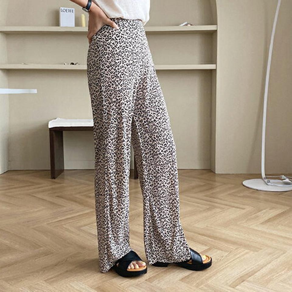 レオパードリンクルパンツ・全3色・t57838 レディース 【pt】韓国 ファッション ボトムス ロング ロングパンツ レオパード 美脚 リンクル ストレート ワイド 10分丈 体型カーバー 細身 ハイウエスト 足長 夏 春