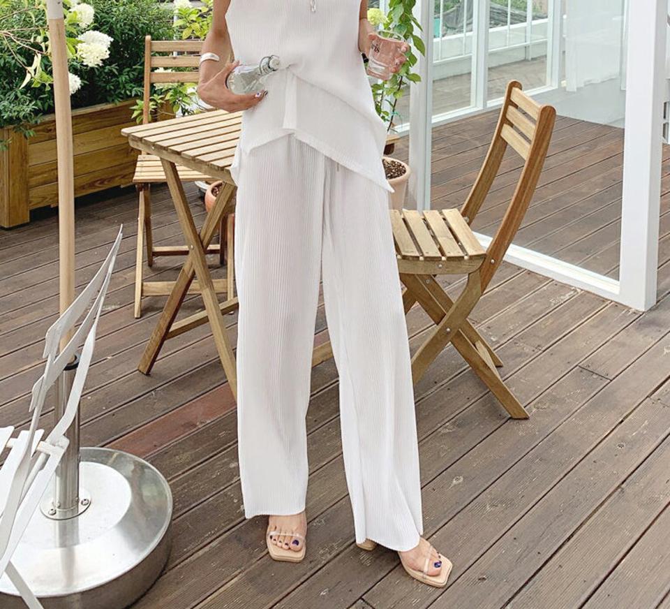 プリーツパンツ・全3色・a62512 レディース 【pt】韓国 ファッション ボトムス ロング ロングパンツ 美脚 プリーツ ゴム ストリング ストレート ワイド 10分丈 体型カーバー 細身 足長 夏 春