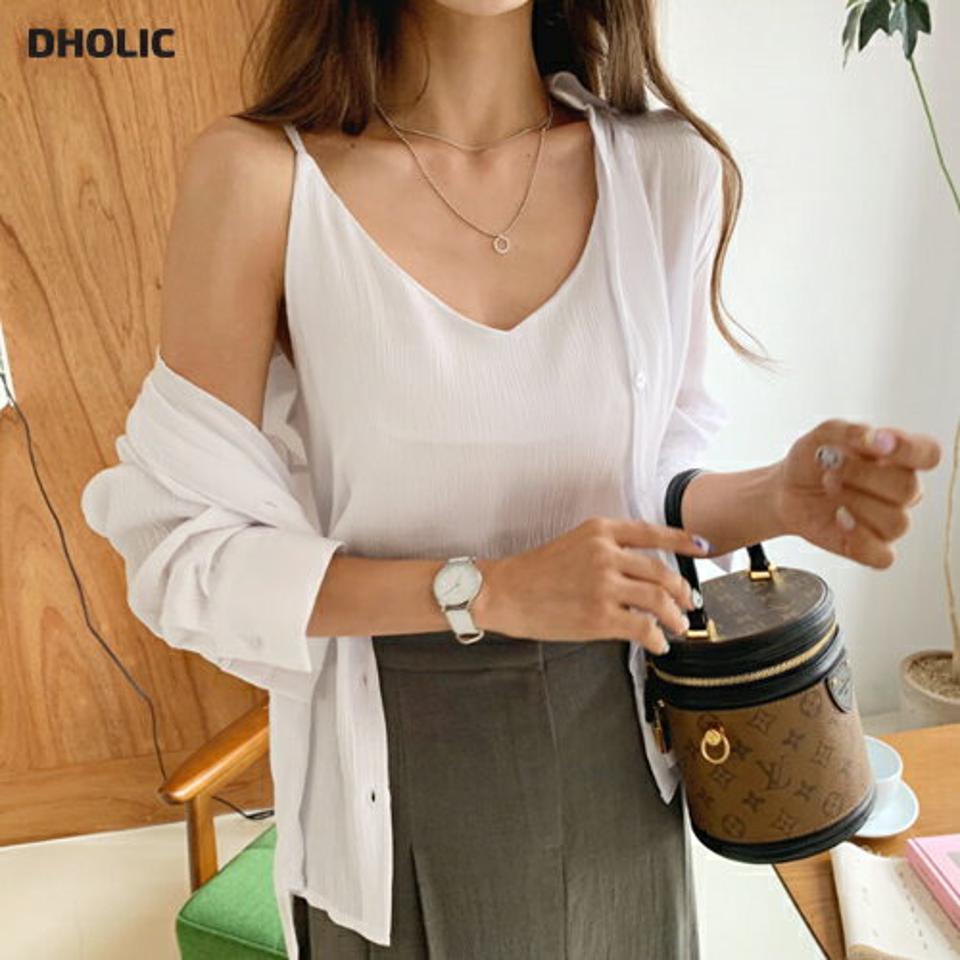 ノースリーブ&オープンシャツ・全3色・t62508 レディース 【bl】韓国ファッション トップス シャツ 長袖 セット スリーブレス ベーシック リンクル スリム Vネック フェミニン カジュアル 上品 夏 春