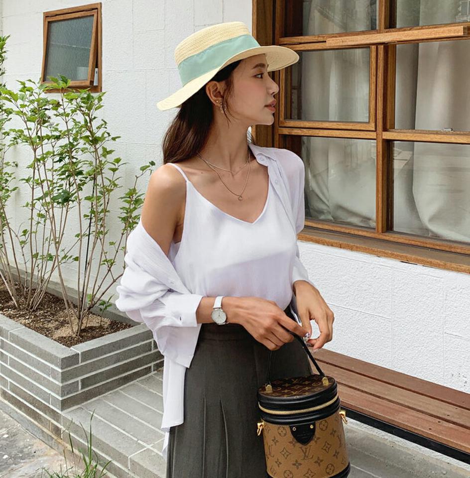 ノースリーブ&オープンシャツ・全3色・t62508 レディース 【bl】韓国ファッション トップス シャツ 長袖 セット スリーブレス ベーシック リンクル スリム Vネック フェミニン カジュアル 上品 夏 春