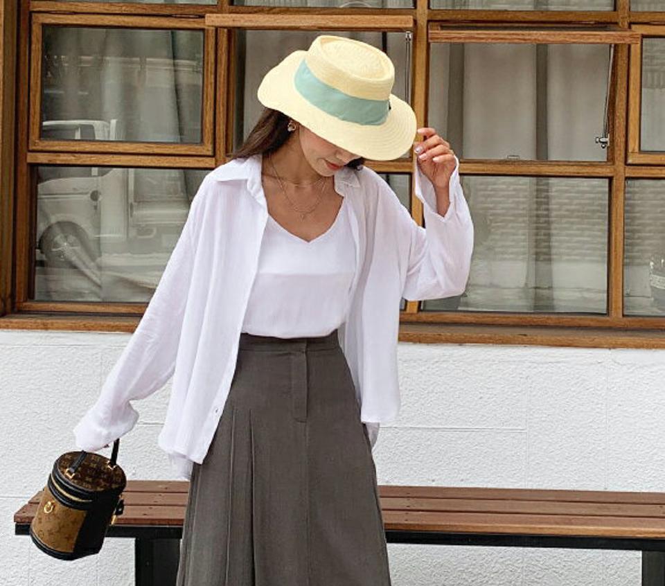 ノースリーブ&オープンシャツ・全3色・t62508 レディース 【bl】韓国ファッション トップス シャツ 長袖 セット スリーブレス ベーシック リンクル スリム Vネック フェミニン カジュアル 上品 夏 春