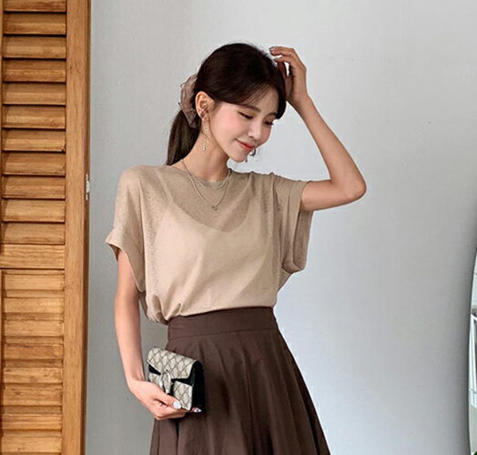 シアー半袖Tシャツ・全3色・t62497 レディース 【tops】韓国ファッション トップス Tシャツ 半袖 ショートスリーブ スリム デイリー シアー ドルマンスリーブ カジュアル ラウンドネック 細身 フェミニン 夏 春