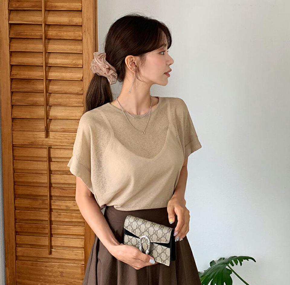 シアー半袖Tシャツ・全3色・t62497 レディース 【tops】韓国ファッション トップス Tシャツ 半袖 ショートスリーブ スリム デイリー シアー ドルマンスリーブ カジュアル ラウンドネック 細身 フェミニン 夏 春