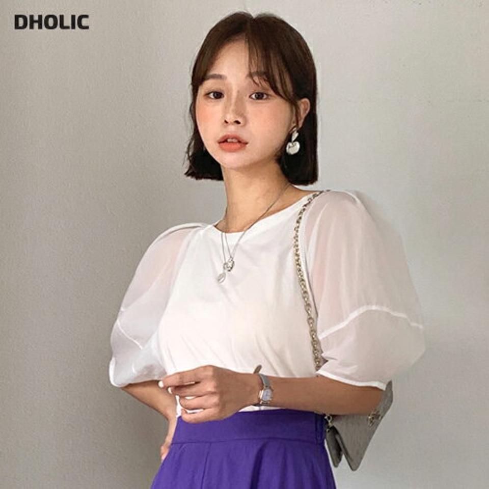 パフ半袖Tシャツ・全3色・t62499 レディース 【tops】韓国 ファッション トップス Tシャツ 半袖 デイリー 異素材 コントラスト パフスリーブ スリム ラウンドネック 体型カーバー 細身 フェミニン 夏 春