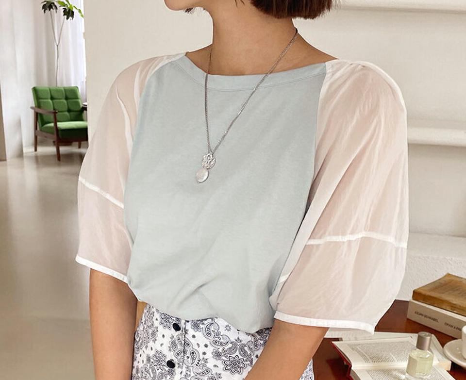 パフ半袖Tシャツ・全3色・t62499 レディース 【tops】韓国 ファッション トップス Tシャツ 半袖 デイリー 異素材 コントラスト パフスリーブ スリム ラウンドネック 体型カーバー 細身 フェミニン 夏 春