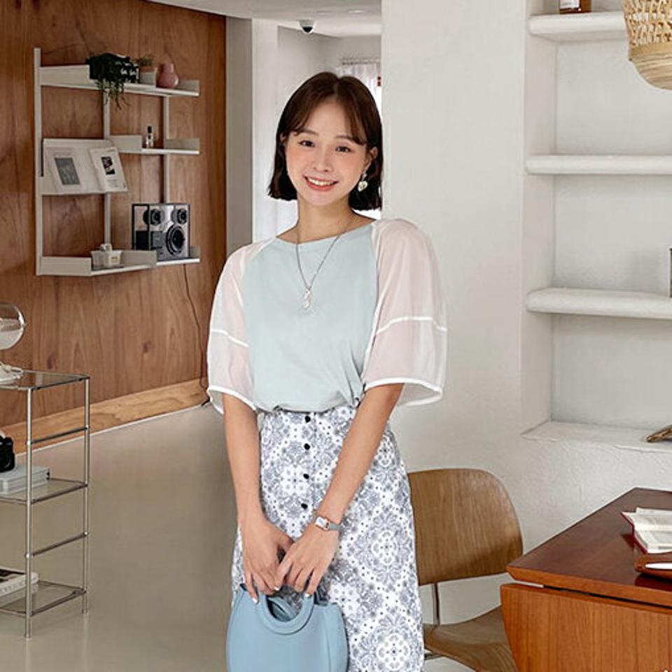 パフ半袖Tシャツ・全3色・t62499 レディース 【tops】韓国 ファッション トップス Tシャツ 半袖 デイリー 異素材 コントラスト パフスリーブ スリム ラウンドネック 体型カーバー 細身 フェミニン 夏 春